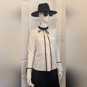 Blingor White Blouse with Black Ribbon Accents XS Office Lifestyle
